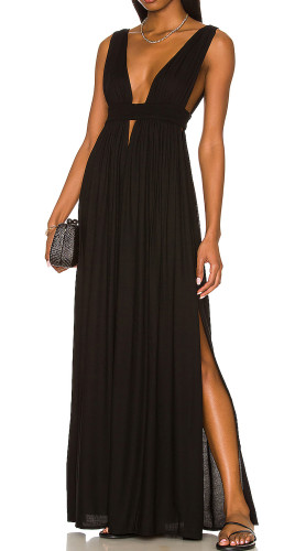 R.Vivimos Boho Dress for Women Sexy Deep V Neck Sleeveless Hollow Out Backless Casual Side Slit Maxi Dress