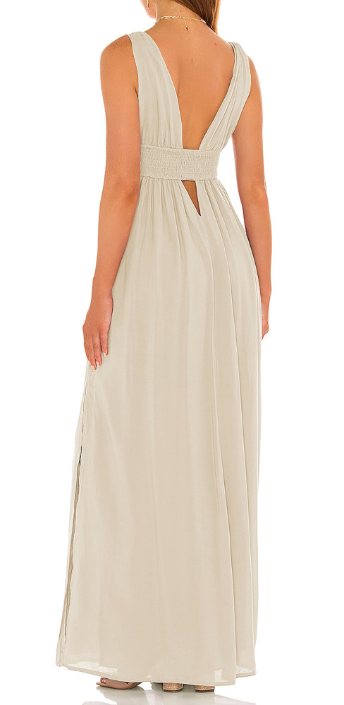 R.Vivimos Boho Dress for Women Sexy Deep V Neck Sleeveless Hollow Out Backless Casual Side Slit Maxi Dress