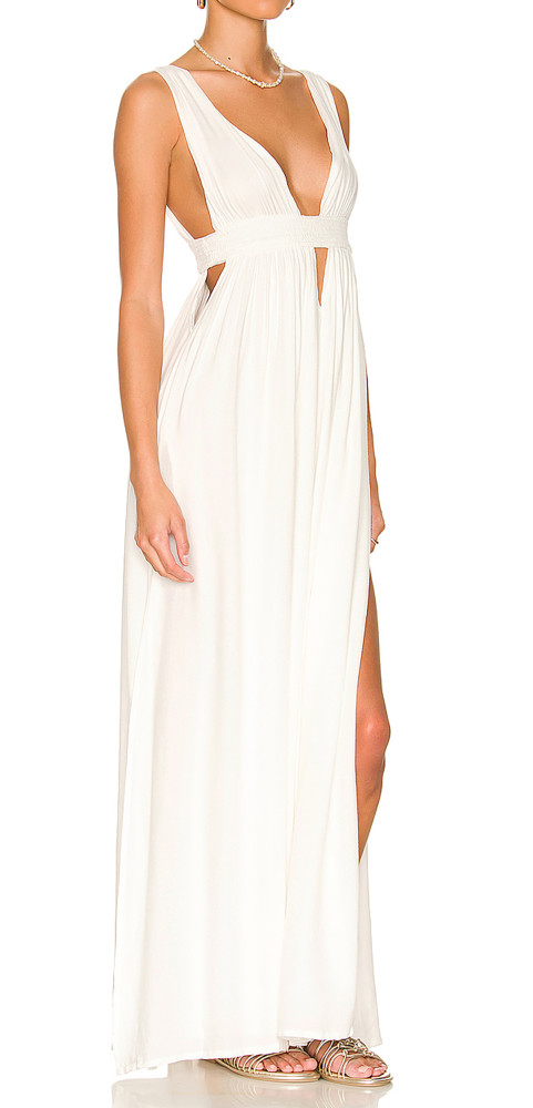 R.Vivimos Boho Dress for Women Sexy Deep V Neck Sleeveless Hollow Out Backless Casual Side Slit Maxi Dress