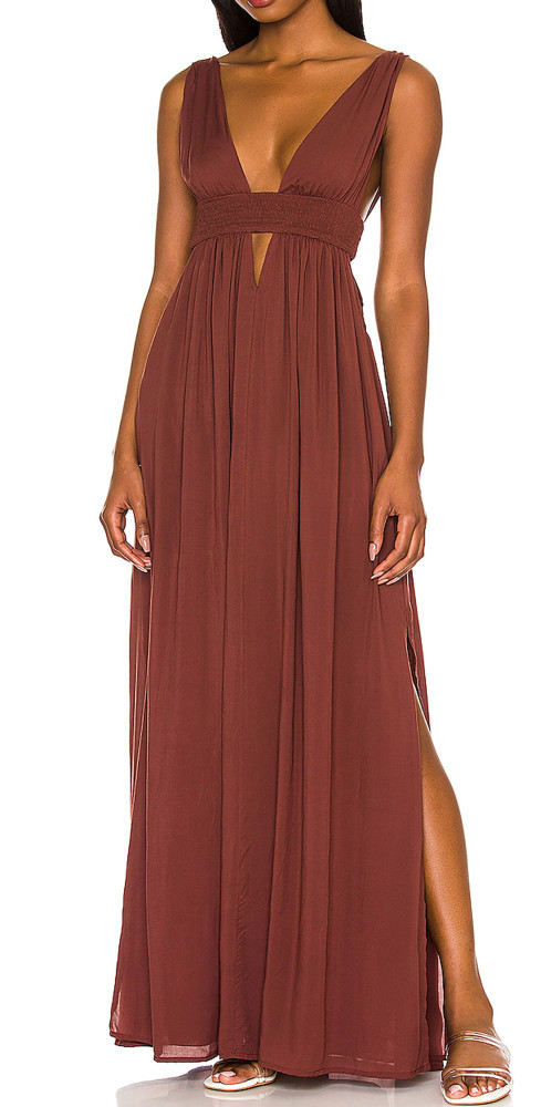 R.Vivimos Boho Dress for Women Sexy Deep V Neck Sleeveless Hollow Out Backless Casual Side Slit Maxi Dress