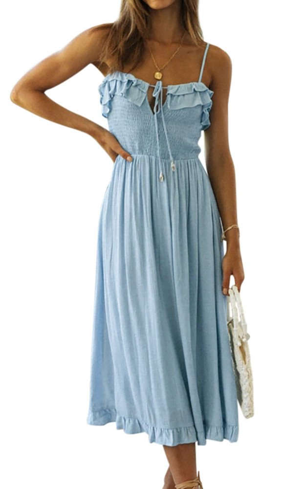 R.Vivimos Womens Summer Cotton Spaghetti Straps V-Neck Ruffle Casual Boho Midi Flowy Dress