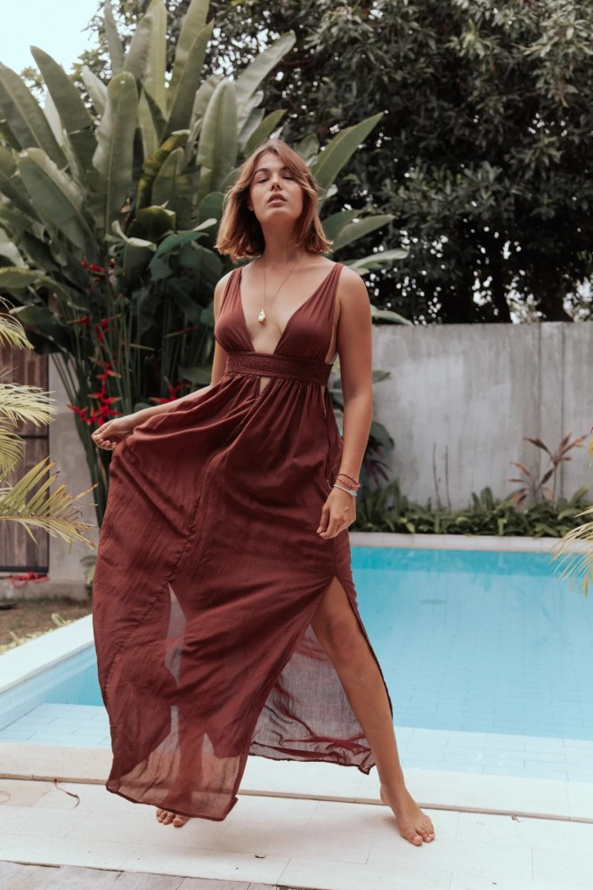 R.Vivimos Boho Dress for Women Sexy Deep V Neck Sleeveless Hollow Out Backless Casual Side Slit Maxi Dress