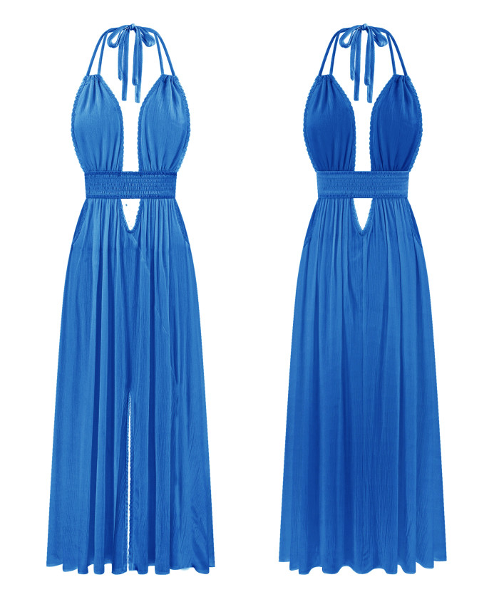 R.Vivimos Boho Maxi Dresses for Women 2025 Summer Sleeveless Halter Elastic Waist Sexy Backless Front Slit Flowy Long Dresses