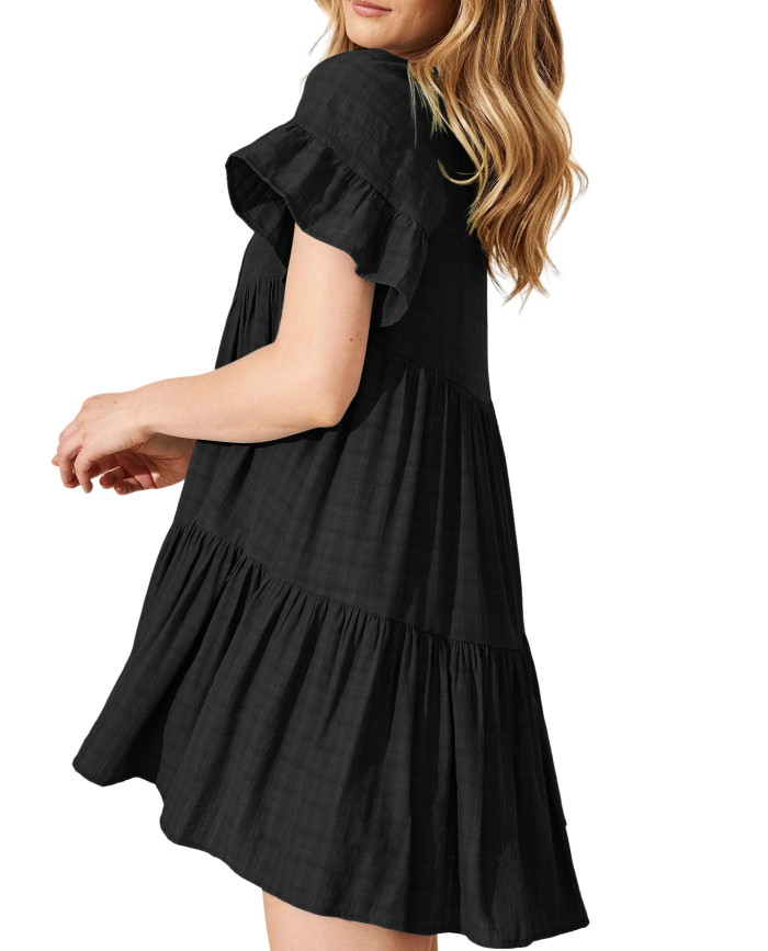 R.Vivimos Womens Summer Casual Loose Mini Dress 2025 Short Sleeve V Neck Tassel Tie Button Up Boho Flowy Tiered Tunic Dress