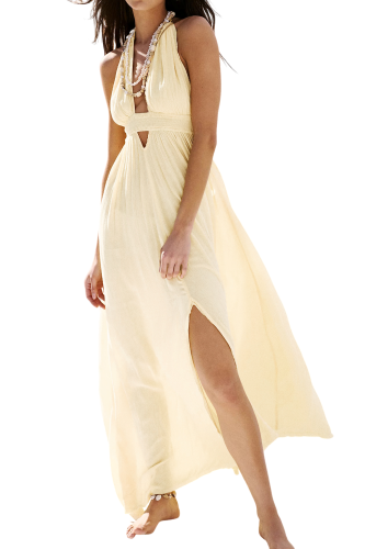 R.Vivimos Boho Maxi Dresses for Women 2025 Summer Sleeveless Halter Elastic Waist Sexy Backless Front Slit Flowy Long Dresses