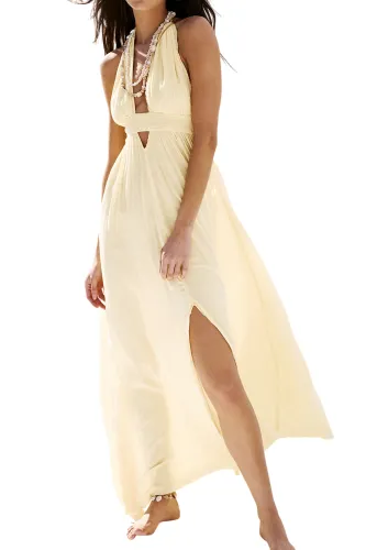 R.Vivimos Boho Maxi Dresses for Women 2025 Summer Sleeveless Halter Elastic Waist Sexy Backless Front Slit Flowy Long Dresses