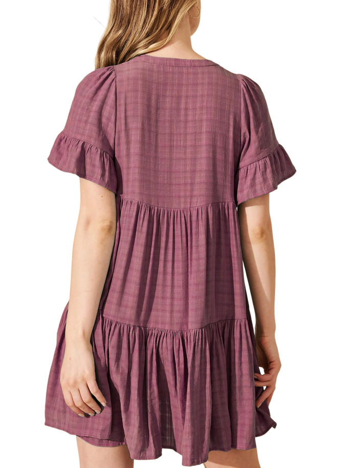 R.Vivimos Womens Summer Casual Loose Mini Dress 2025 Short Sleeve V Neck Tassel Tie Button Up Boho Flowy Tiered Tunic Dress