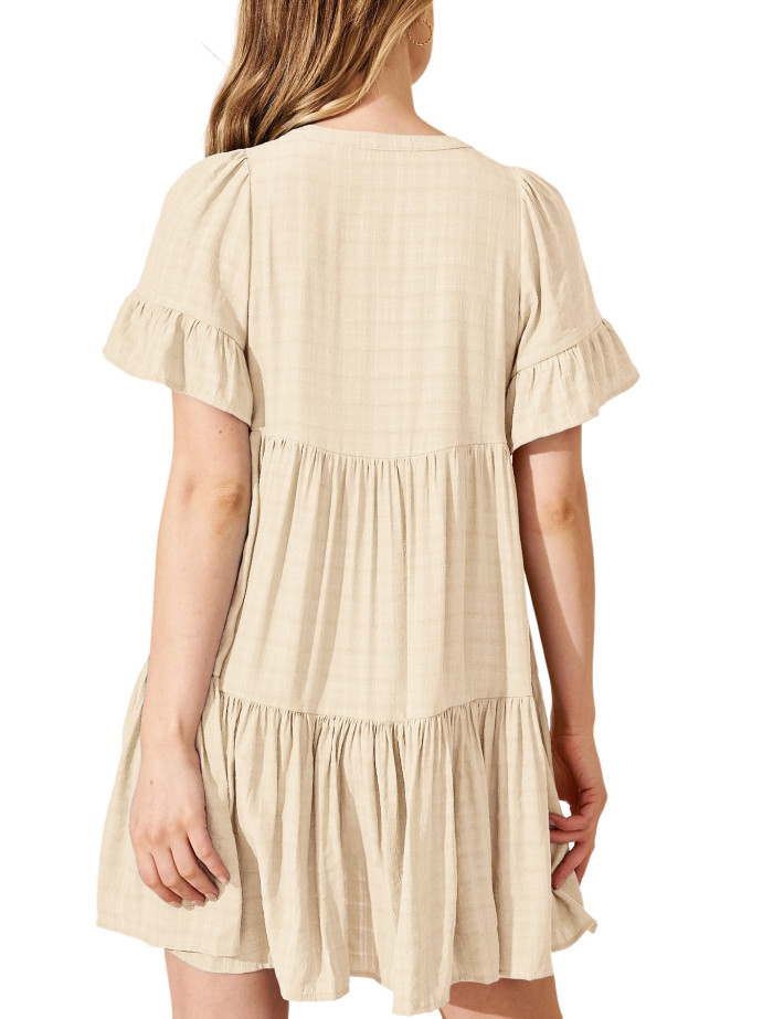 R.Vivimos Womens Summer Casual Loose Mini Dress 2025 Short Sleeve V Neck Tassel Tie Button Up Boho Flowy Tiered Tunic Dress