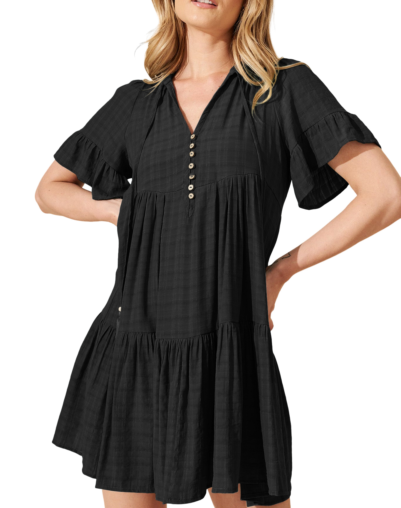 R.Vivimos Womens Summer Casual Loose Mini Dress 2025 Short Sleeve V Neck Tassel Tie Button Up Boho Flowy Tiered Tunic Dress2
