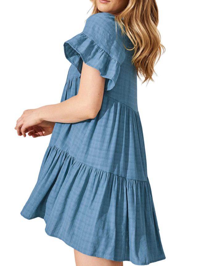 R.Vivimos Womens Summer Casual Loose Mini Dress 2025 Short Sleeve V Neck Tassel Tie Button Up Boho Flowy Tiered Tunic Dress
