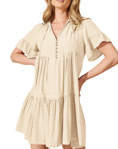 R.Vivimos Womens Summer Casual Loose Mini Dress 2025 Short Sleeve V Neck Tassel Tie Button Up Boho Flowy Tiered Tunic Dress