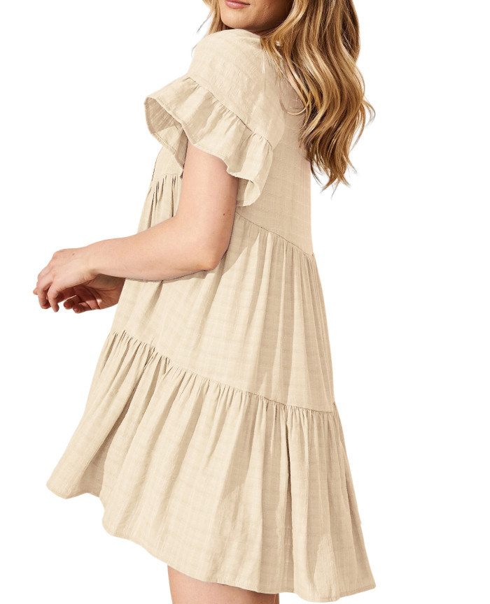 R.Vivimos Womens Summer Casual Loose Mini Dress 2025 Short Sleeve V Neck Tassel Tie Button Up Boho Flowy Tiered Tunic Dress