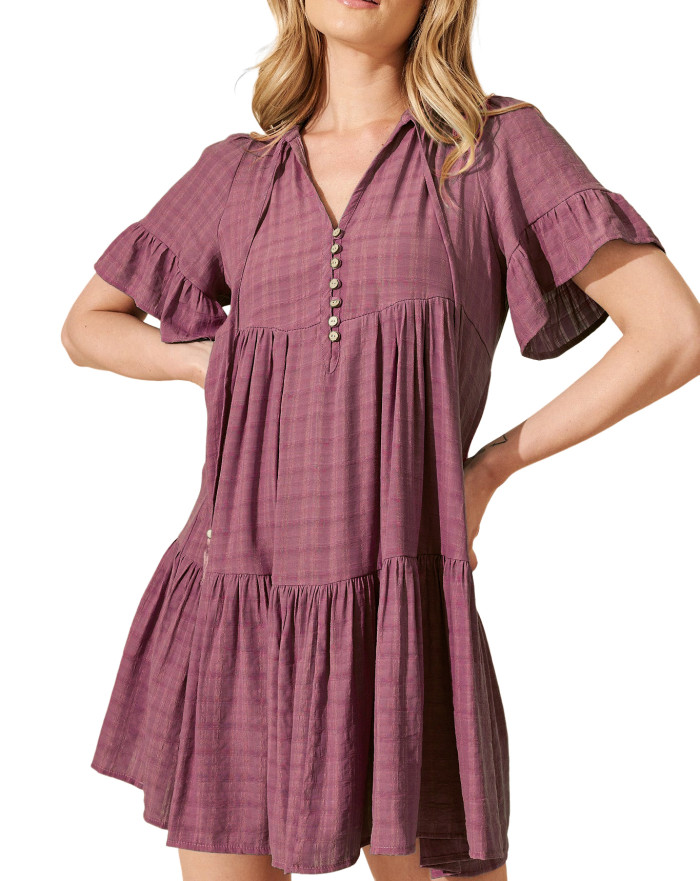 R.Vivimos Womens Summer Casual Loose Mini Dress 2025 Short Sleeve V Neck Tassel Tie Button Up Boho Flowy Tiered Tunic Dress