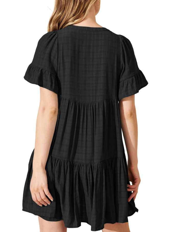R.Vivimos Womens Summer Casual Loose Mini Dress 2025 Short Sleeve V Neck Tassel Tie Button Up Boho Flowy Tiered Tunic Dress