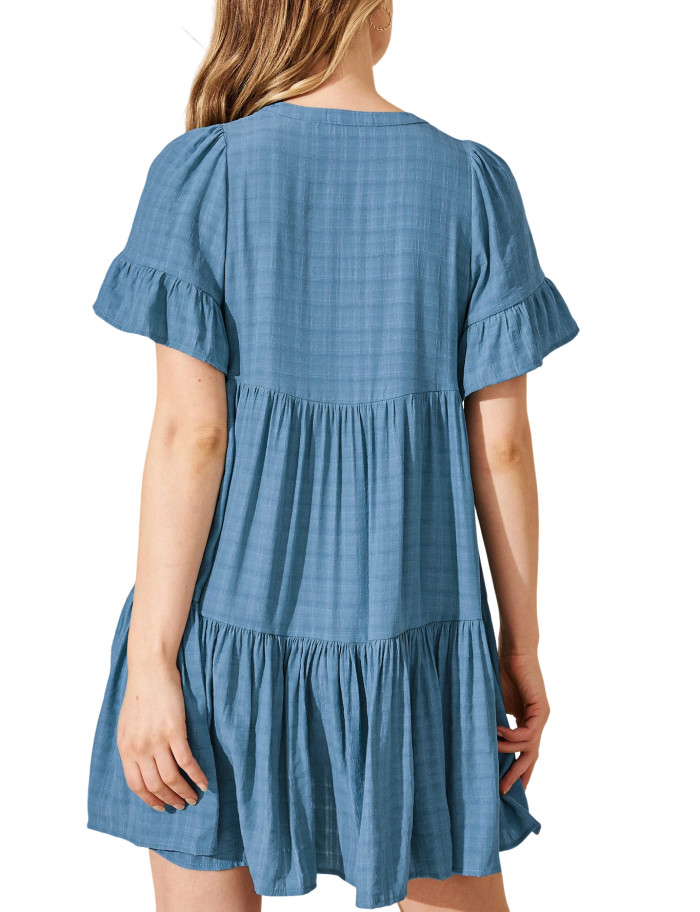 R.Vivimos Womens Summer Casual Loose Mini Dress 2025 Short Sleeve V Neck Tassel Tie Button Up Boho Flowy Tiered Tunic Dress