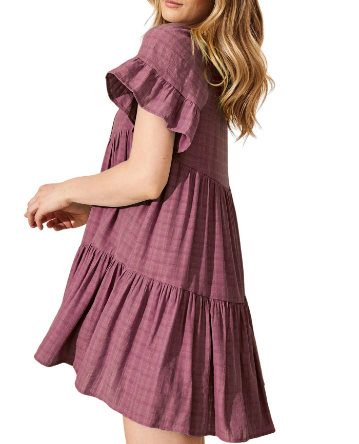 R.Vivimos Womens Summer Casual Loose Mini Dress 2025 Short Sleeve V Neck Tassel Tie Button Up Boho Flowy Tiered Tunic Dress