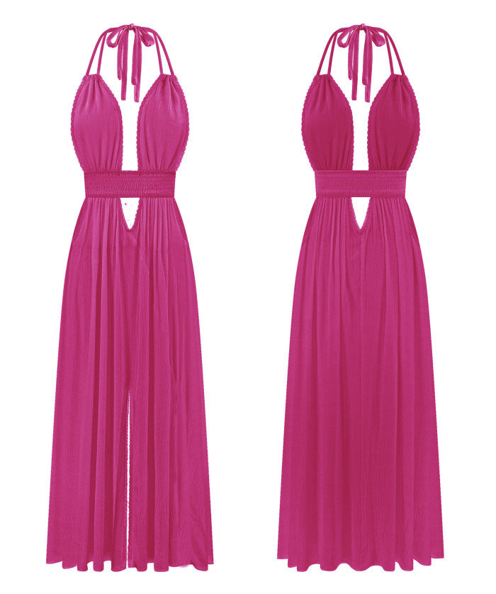 R.Vivimos Boho Maxi Dresses for Women 2025 Summer Sleeveless Halter Elastic Waist Sexy Backless Front Slit Flowy Long Dresses