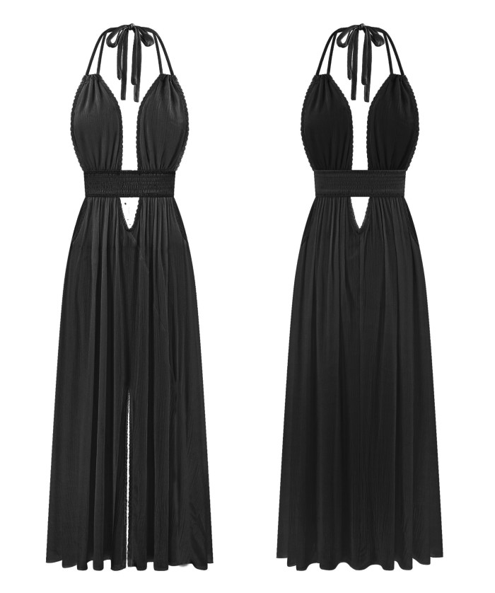 R.Vivimos Boho Maxi Dresses for Women 2025 Summer Sleeveless Halter Elastic Waist Sexy Backless Front Slit Flowy Long Dresses