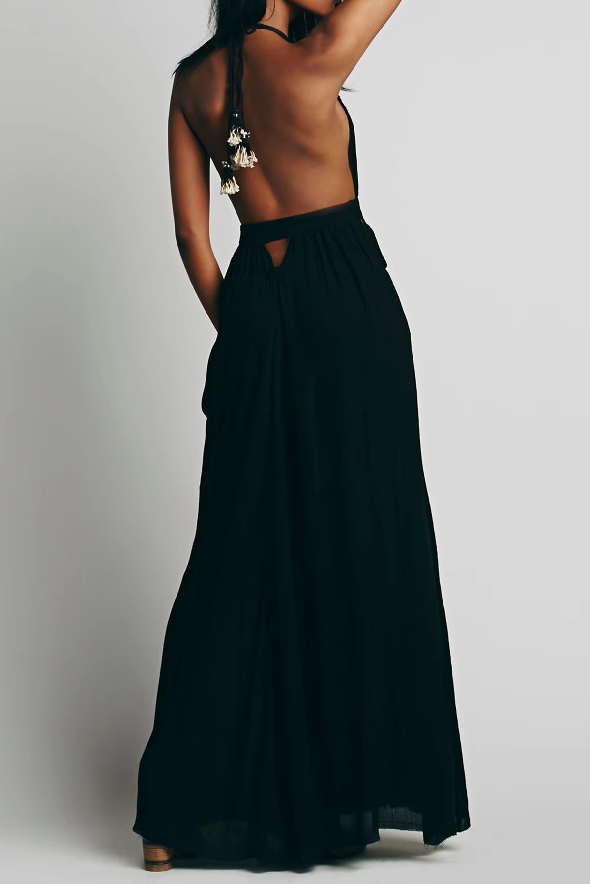 R.Vivimos Boho Maxi Dresses for Women 2025 Summer Sleeveless Halter Elastic Waist Sexy Backless Front Slit Flowy Long Dresses3