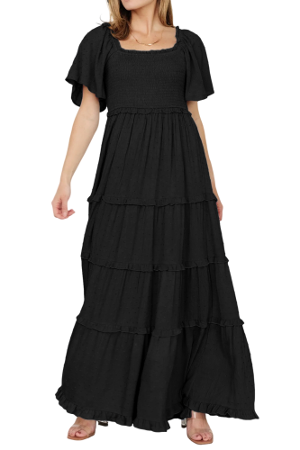 R.Vivimos Womens Summer 2025 Maxi Dress Short Sleeve Square Neck Elastic Smocked Swiss Dots Casual A-Line Flowy Long Dresses