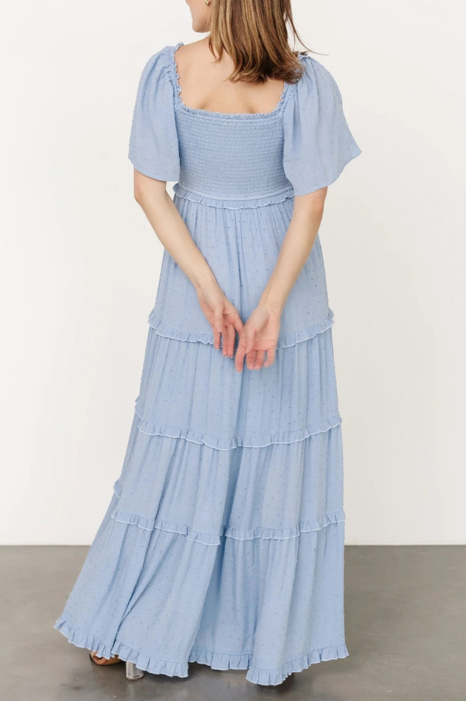 R.Vivimos Womens Summer 2025 Maxi Dress Short Sleeve Square Neck Elastic Smocked Swiss Dots Casual A-Line Flowy Long Dresses