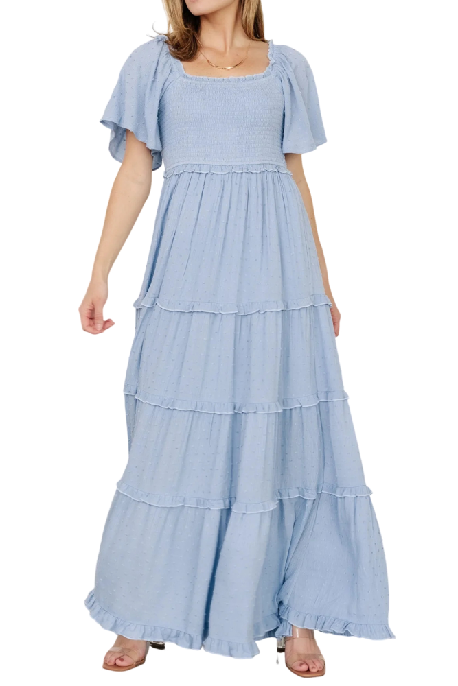 R.Vivimos Womens Summer 2025 Maxi Dress Short Sleeve Square Neck Elastic Smocked Swiss Dots Casual A-Line Flowy Long Dresses