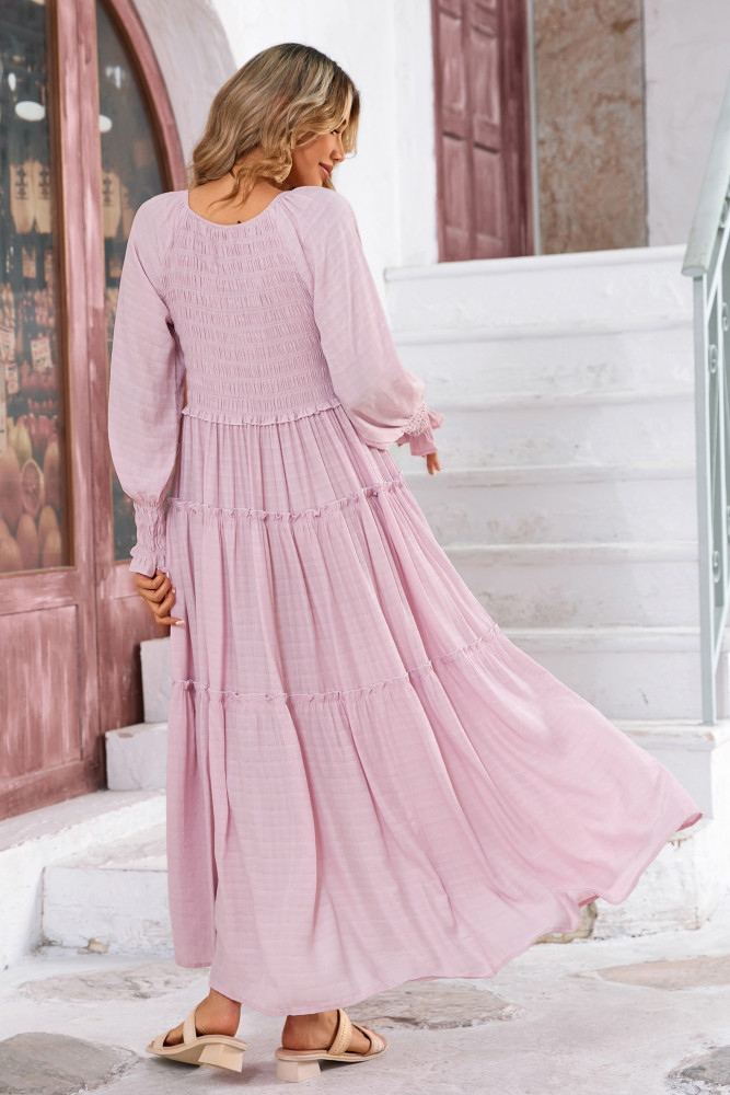 R.Vivimos Maxi Dress for Women Long Sleeve V Neck Empire Waist Layered Ruffle Boho Casual Flowy Long Dresses