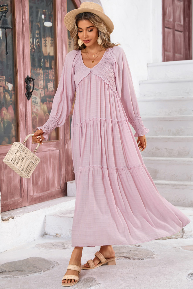 R.Vivimos Maxi Dress for Women Long Sleeve V Neck Empire Waist Layered Ruffle Boho Casual Flowy Long Dresses