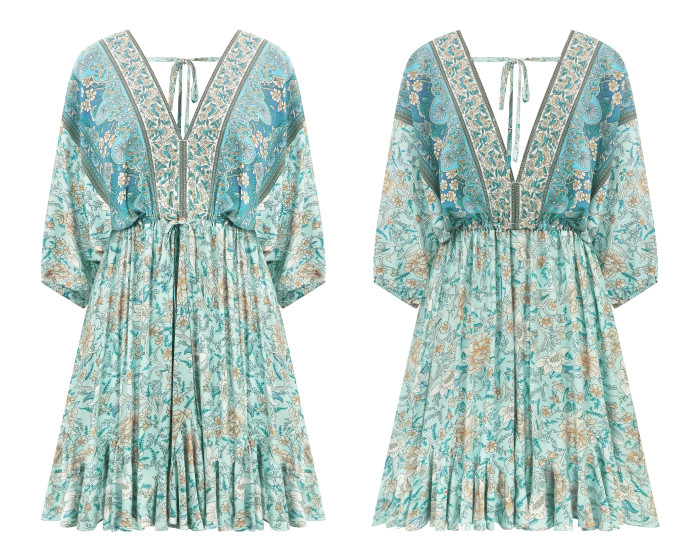 R.Vivimos Womens Summer Floral Dress 3/4 Sleeve Deep V Neck Boho Drawstring Backless Swing Mini Dress