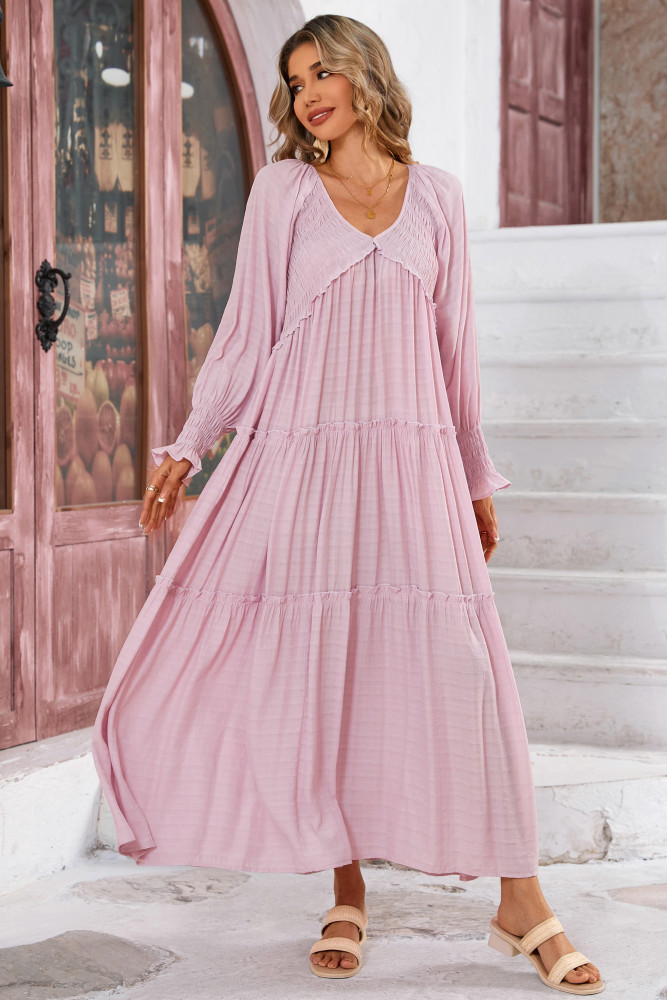 R.Vivimos Maxi Dress for Women Long Sleeve V Neck Empire Waist Layered Ruffle Boho Casual Flowy Long Dresses