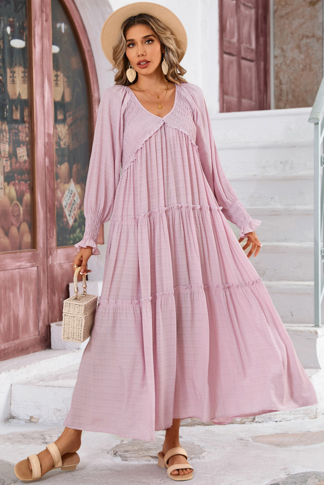 R.Vivimos Maxi Dress for Women Long Sleeve V Neck Empire Waist Layered Ruffle Boho Casual Flowy Long Dresses