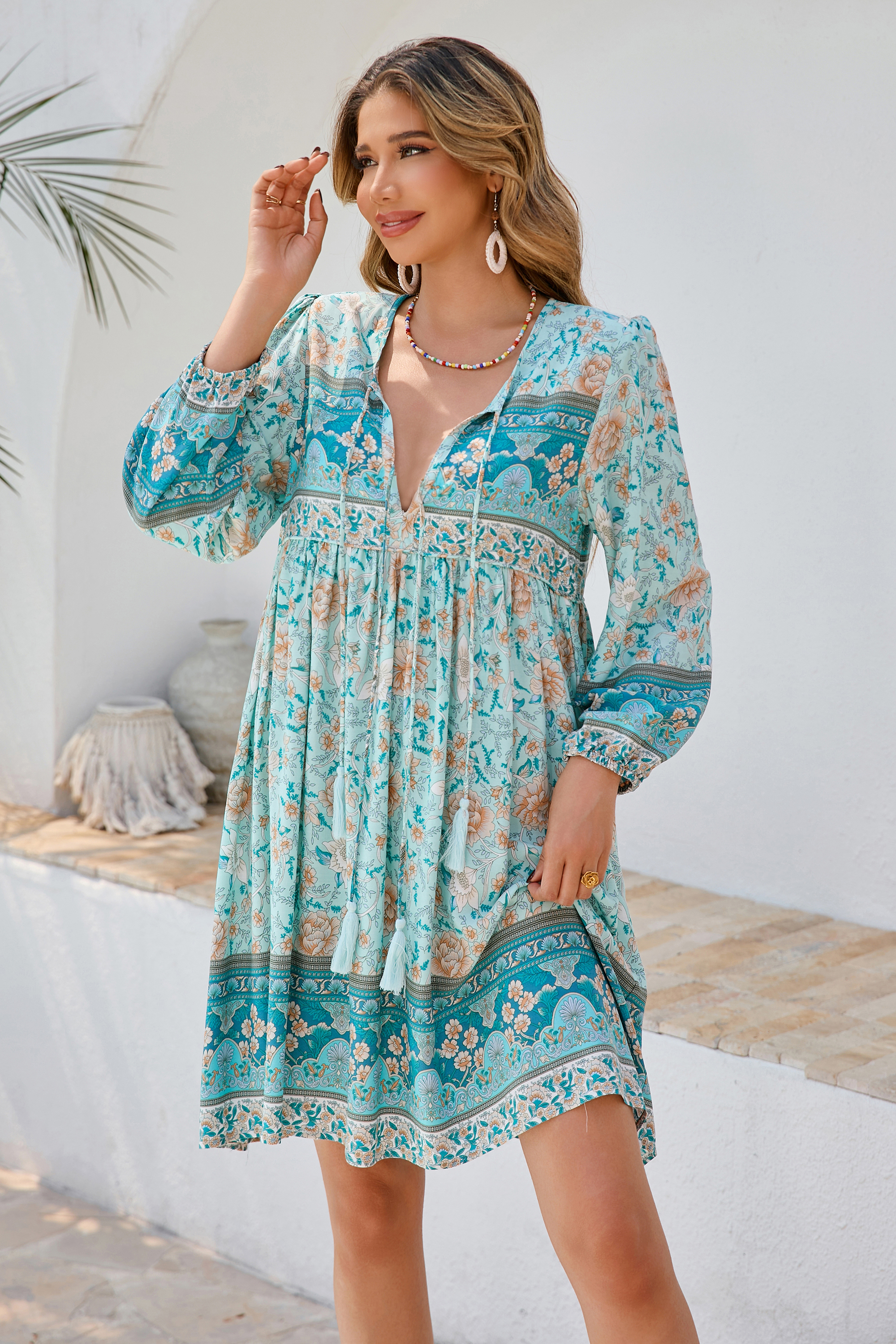 R.Vivimos Womens Long Sleeve Floral Casual Print Cotton Mini Tunic Dress2