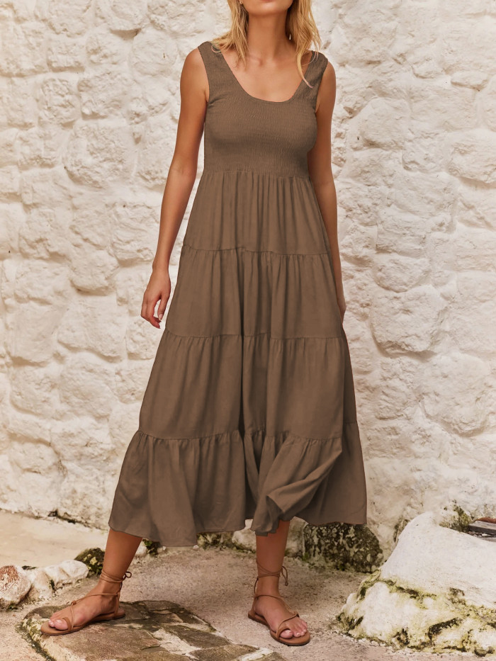 R.Vivimos Womens Summer Linen Tank Midi Dress 2025 Sleeveless Elastic Smocked A-Line Tiered Boho Casual Flowy Beach Sundress