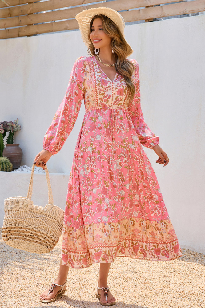 R.Vivimos Women's Long Sleeve Cotton V-Neck Button Up Floral Print Boho Flowy Midi Dresses