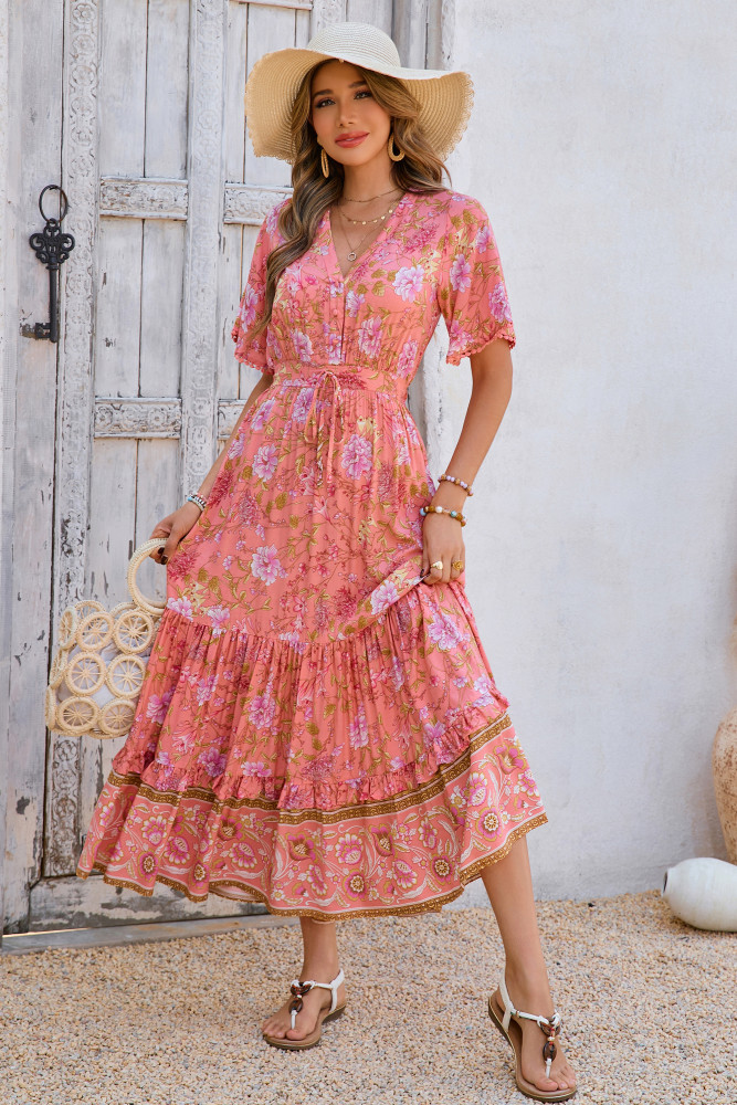 R.Vivimos Womens Summer Cotton Short Sleeve V Neck Floral Print Casual Bohemian Long Dresses
