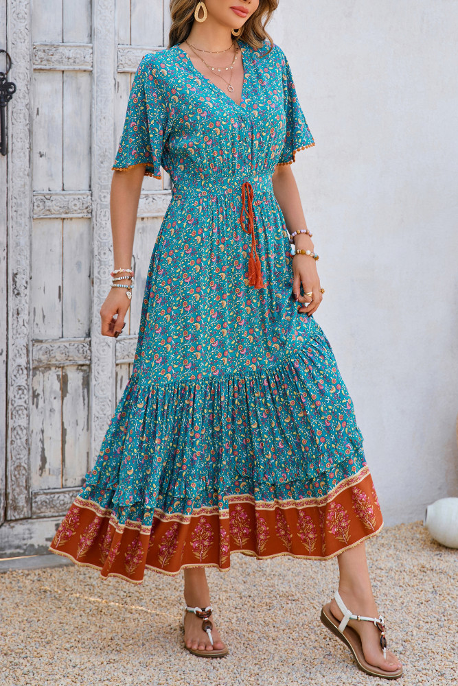 R.Vivimos Womens Summer Cotton Short Sleeve V Neck Floral Print Casual Bohemian Long Dresses