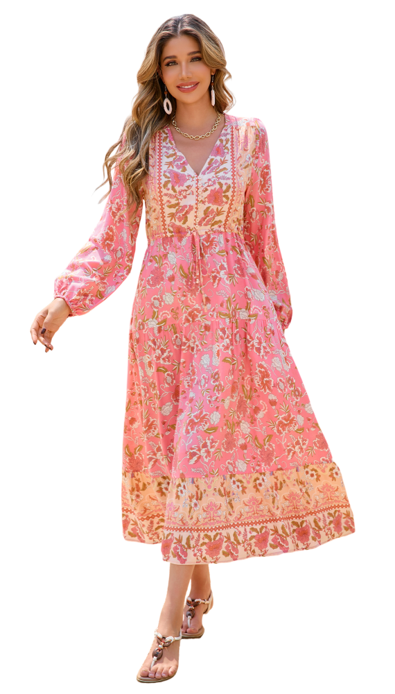 R.Vivimos Women's Long Sleeve Cotton V-Neck Button Up Floral Print Boho Flowy Midi Dresses