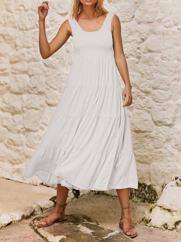 R.Vivimos Womens Summer Linen Tank Midi Dress 2025 Sleeveless Elastic Smocked A-Line Tiered Boho Casual Flowy Beach Sundress