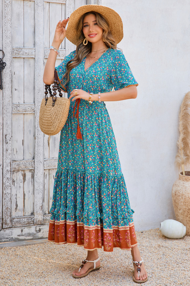 R.Vivimos Womens Summer Cotton Short Sleeve V Neck Floral Print Casual Bohemian Long Dresses