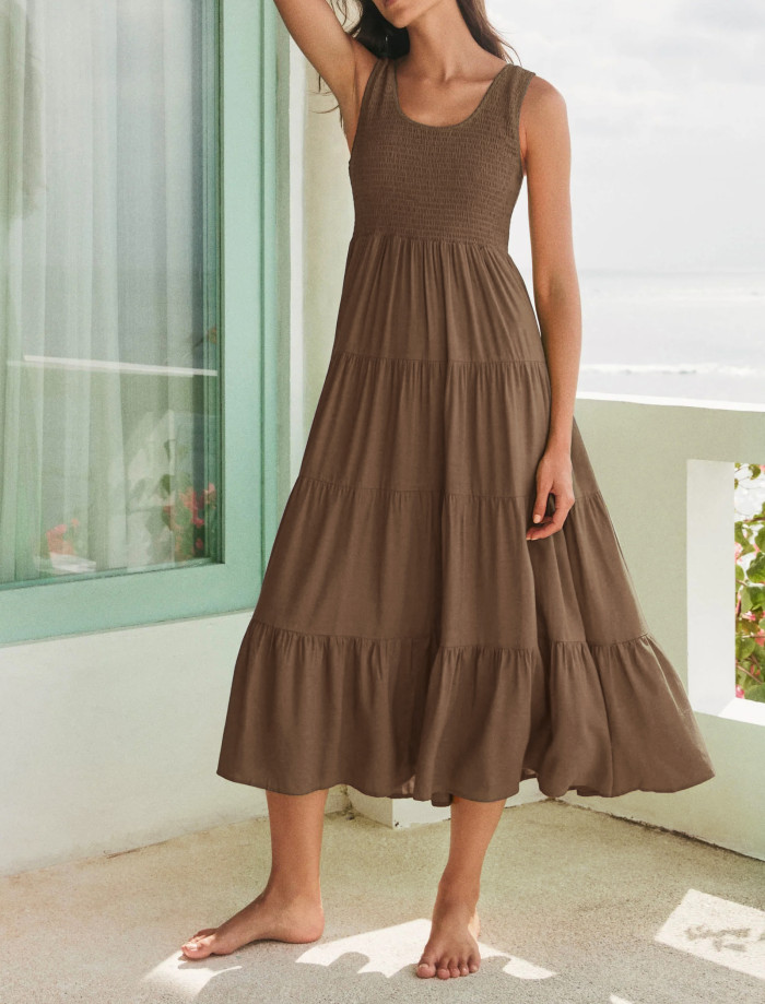 R.Vivimos Womens Summer Linen Tank Midi Dress 2025 Sleeveless Elastic Smocked A-Line Tiered Boho Casual Flowy Beach Sundress
