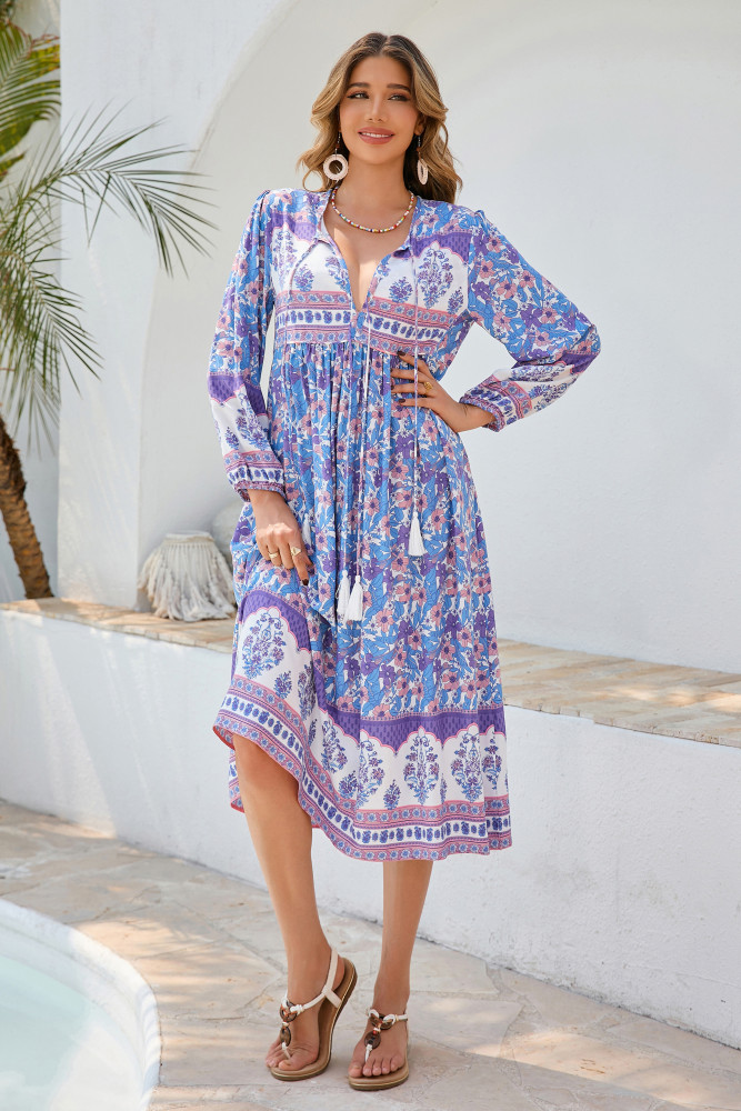 R.Vivimos Women's Long Sleeve Floral Print Retro V Neck Tassel Bohemian Midi Dresses