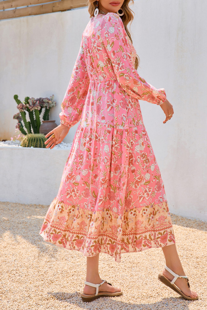 R.Vivimos Women's Long Sleeve Cotton V-Neck Button Up Floral Print Boho Flowy Midi Dresses