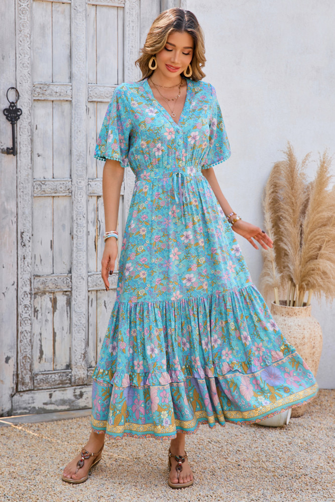 R.Vivimos Womens Summer Cotton Short Sleeve V Neck Floral Print Casual Bohemian Long Dresses
