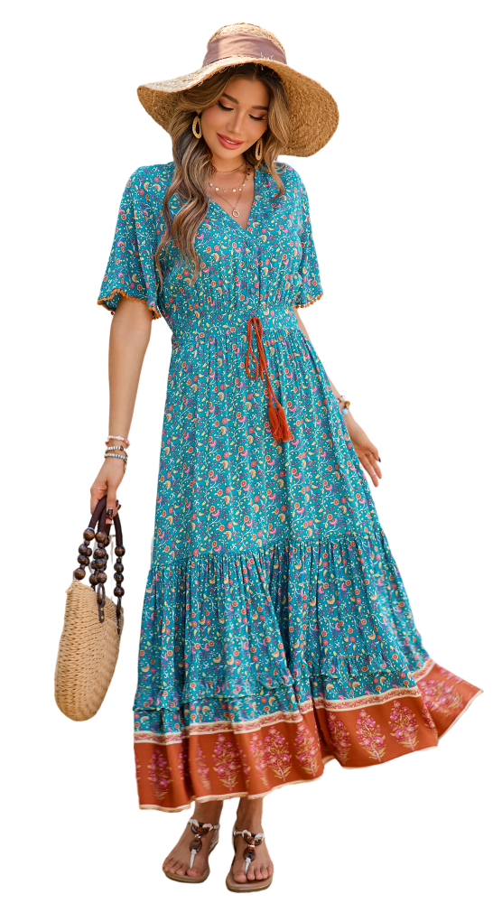 R.Vivimos Womens Summer Cotton Short Sleeve V Neck Floral Print Casual Bohemian Long Dresses