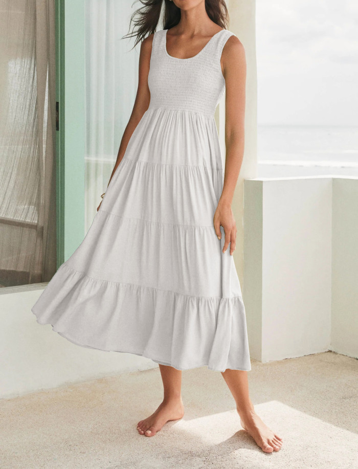 R.Vivimos Womens Summer Linen Tank Midi Dress 2025 Sleeveless Elastic Smocked A-Line Tiered Boho Casual Flowy Beach Sundress