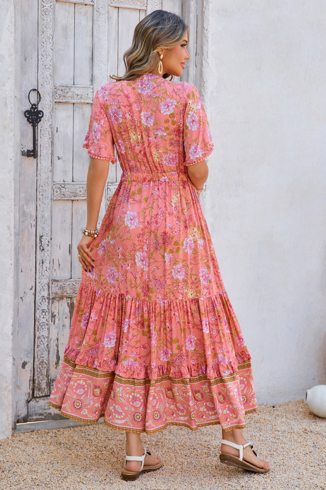 R.Vivimos Womens Summer Cotton Short Sleeve V Neck Floral Print Casual Bohemian Long Dresses