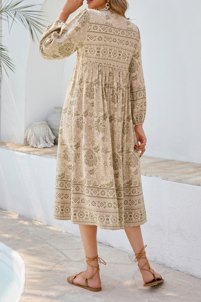 R.Vivimos Women's Long Sleeve Floral Print Retro V Neck Tassel Bohemian Midi Dresses