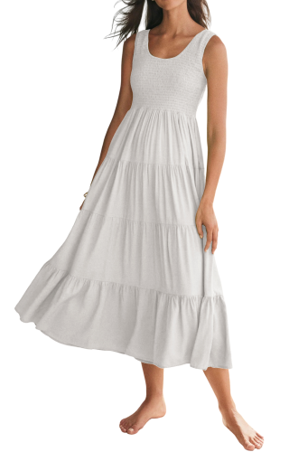 R.Vivimos Womens Summer Linen Tank Midi Dress 2025 Sleeveless Elastic Smocked A-Line Tiered Boho Casual Flowy Beach Sundress