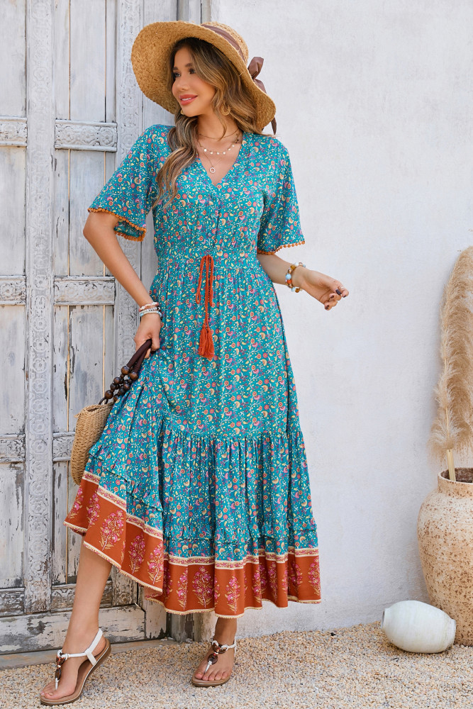 R.Vivimos Womens Summer Cotton Short Sleeve V Neck Floral Print Casual Bohemian Long Dresses