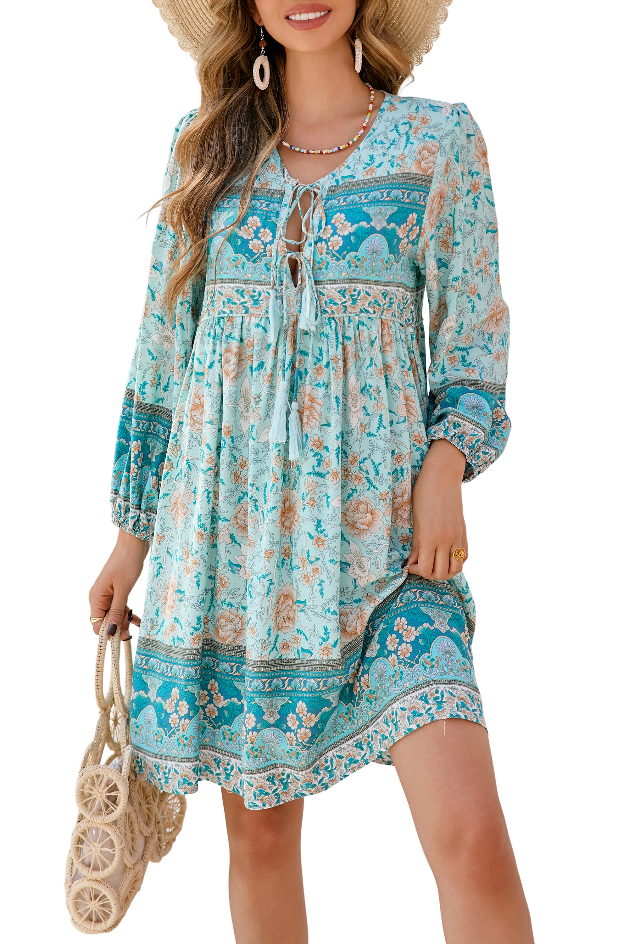 R.Vivimos Womens Long Sleeve Floral Casual Print Cotton Mini Tunic Dress